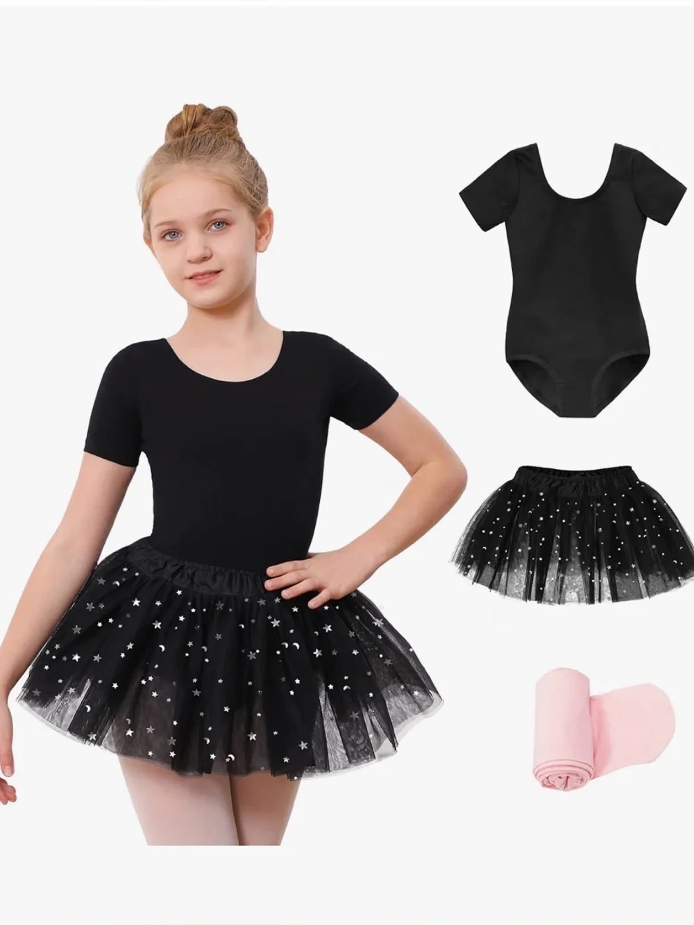 Stelle Girls Black Ballet Leotard Dance Outfit with Skirt and Footed Tights 9-10